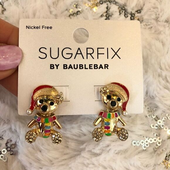 NEW Sugarfix Baublebar  Holiday Christmas Teddy Bear Scarf Santa Hat Earrings - Picture 2 of 2